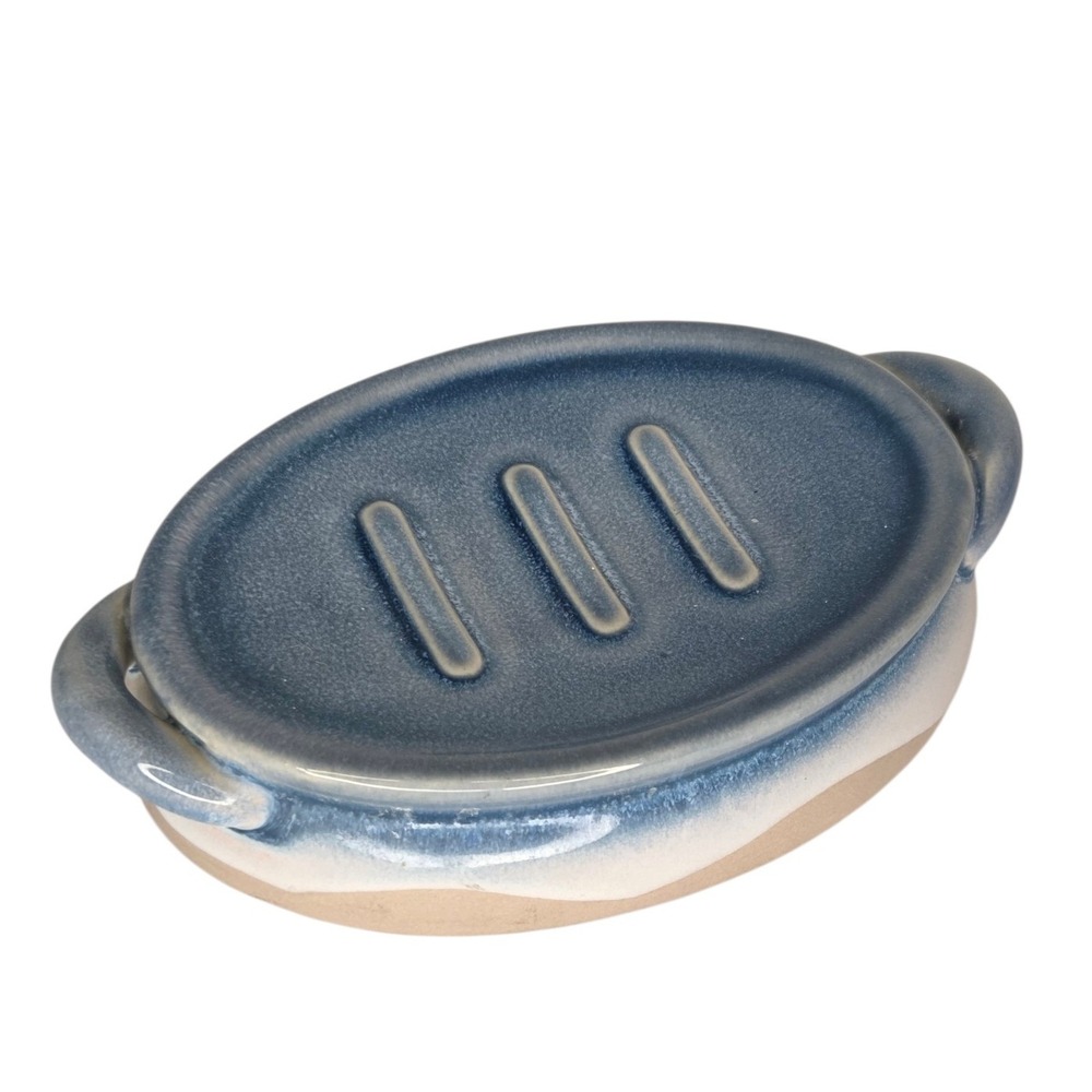 VTG Blue Reactive Glaze Ceramic Soap Dish Oval Ombre Pottery with Handles